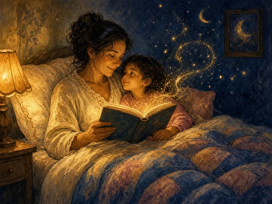 Una madre lee un cuento en la cama a su hija, con luz cálida de lámpara y destellos mágicos que salen del libro