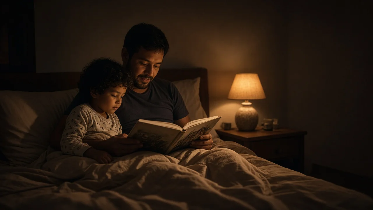 Un padre lee un cuento en la cama a su hijo, con la luz tenue de una lámpara de noche